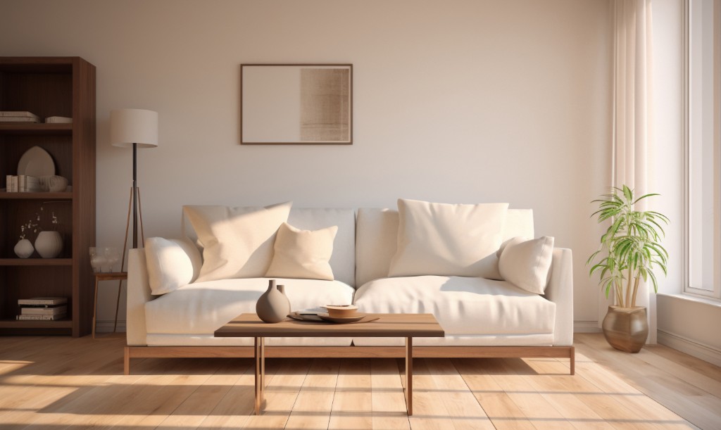 Abstract composition of natural tones and geometric furniture forms