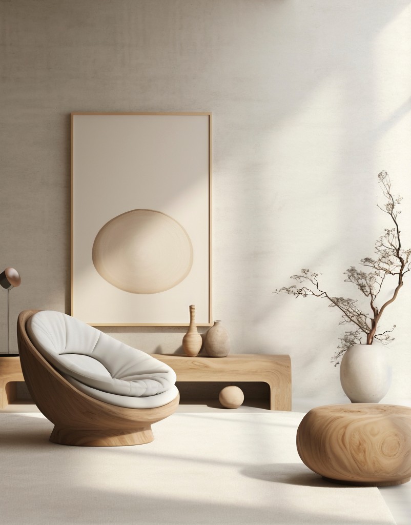Lounge interior with a curved chair and wall art