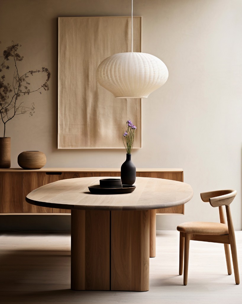 Dining interior with a round table and pendant lamp