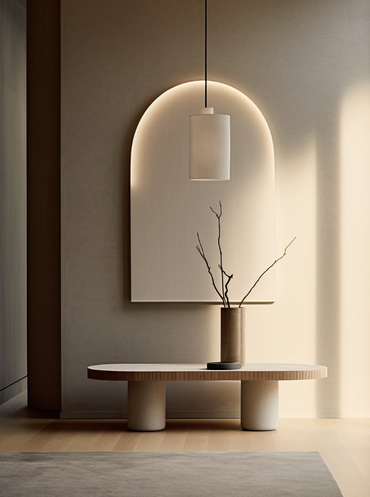 Interior with an arched wall light and stone bench