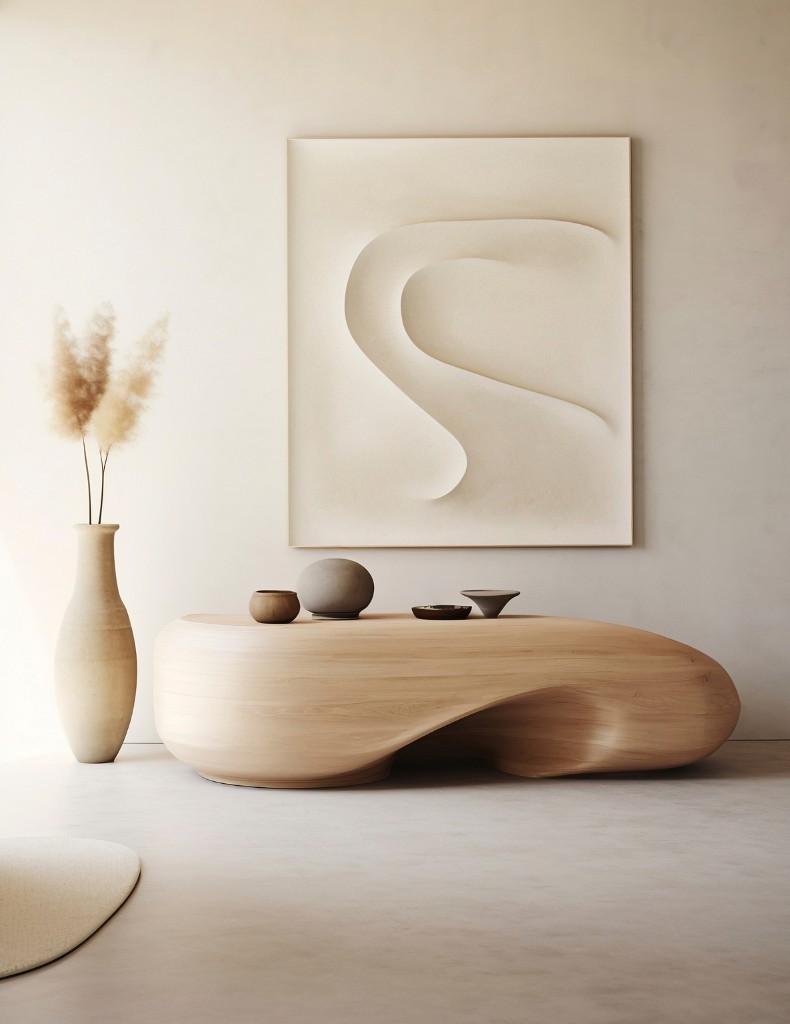 Quiet interior with a sculpted wood table, wall relief, and dried grasses